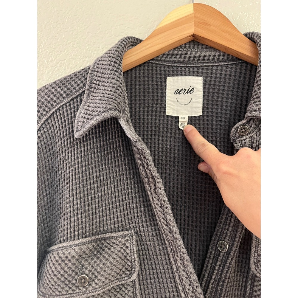 Aerie Lumberjane Oversized Waffle Knit Button Down Charcoal Gray Shacket Small - Picture 2 of 5